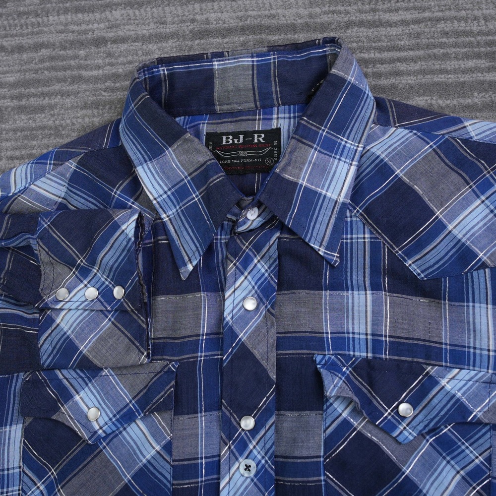 BJ-R Men Blue Plaid Western Snap Button Shirt Long Tail Form-Fit XL Korea